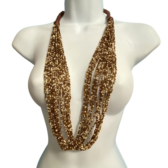 Boho Multi-Strand Brown Cream Seed Beads Long Necklace Artisan Made - Picture 5 of 8